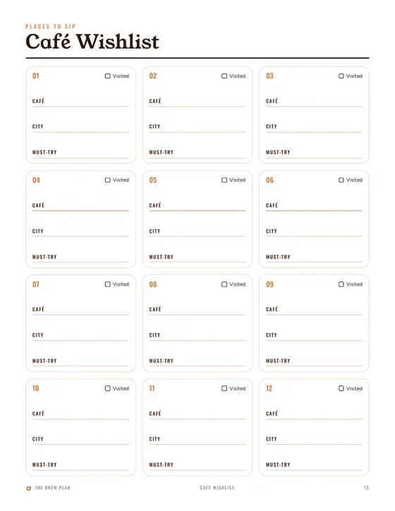 Café wishlist page from the 2027 Coffee Journal